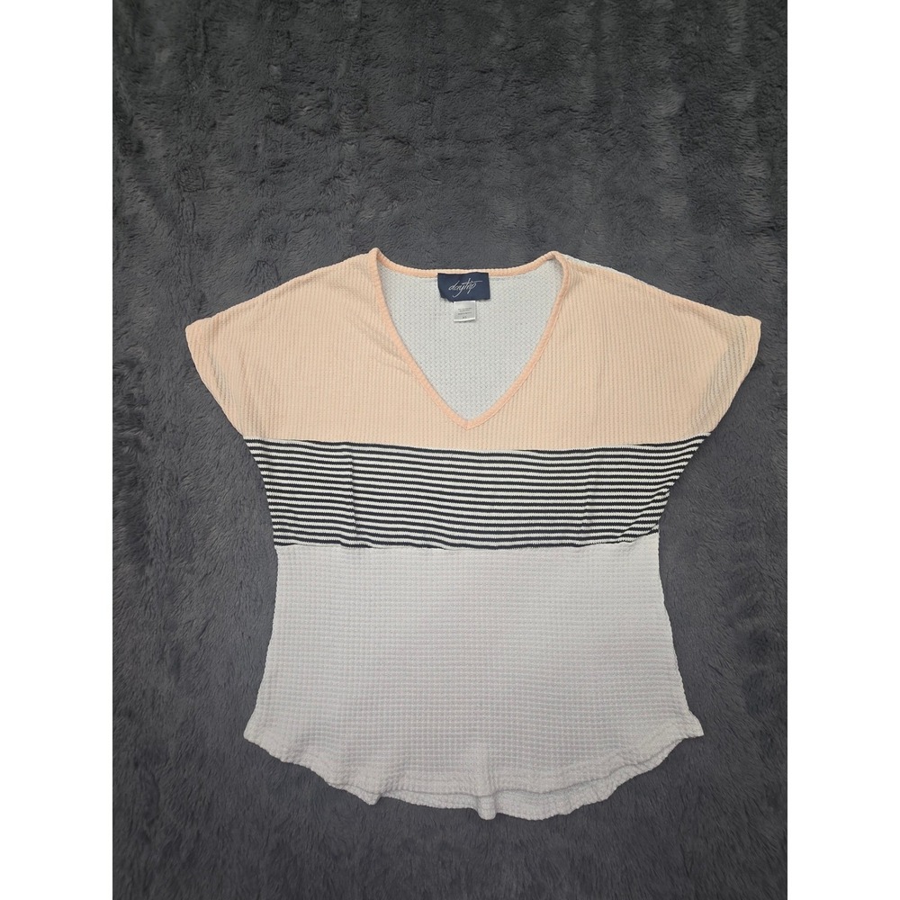 Daytrip Womens Peach White Striped Waffle Knit V-Neck Cap Sleeve Top XS